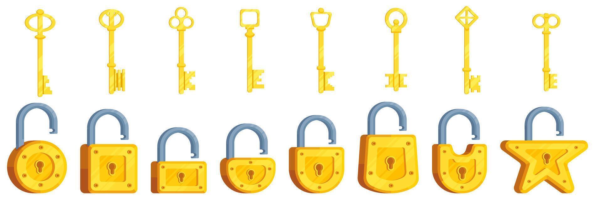 Set of illustrations of isometric locks of different shapes in yellow color along with keys vector