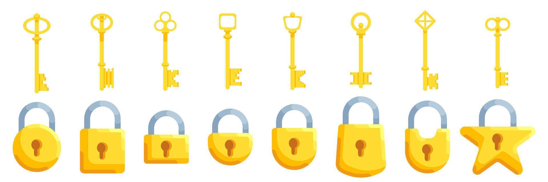 Set of illustrations of yellow locks of different shapes in yellow color along with keys vector