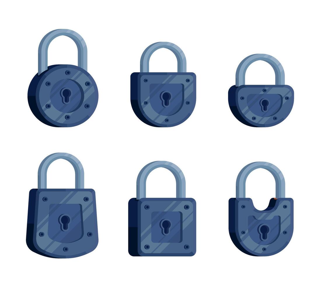 A set of illustrations of locks of different shapes in dark blue in a modern detailed style vector