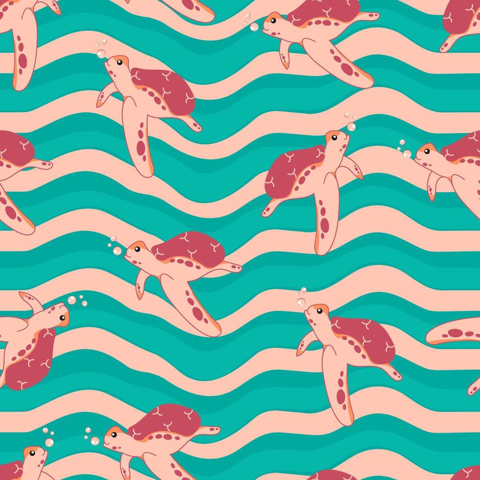 Seamless pattern with Sea turtle and sea animals. vector