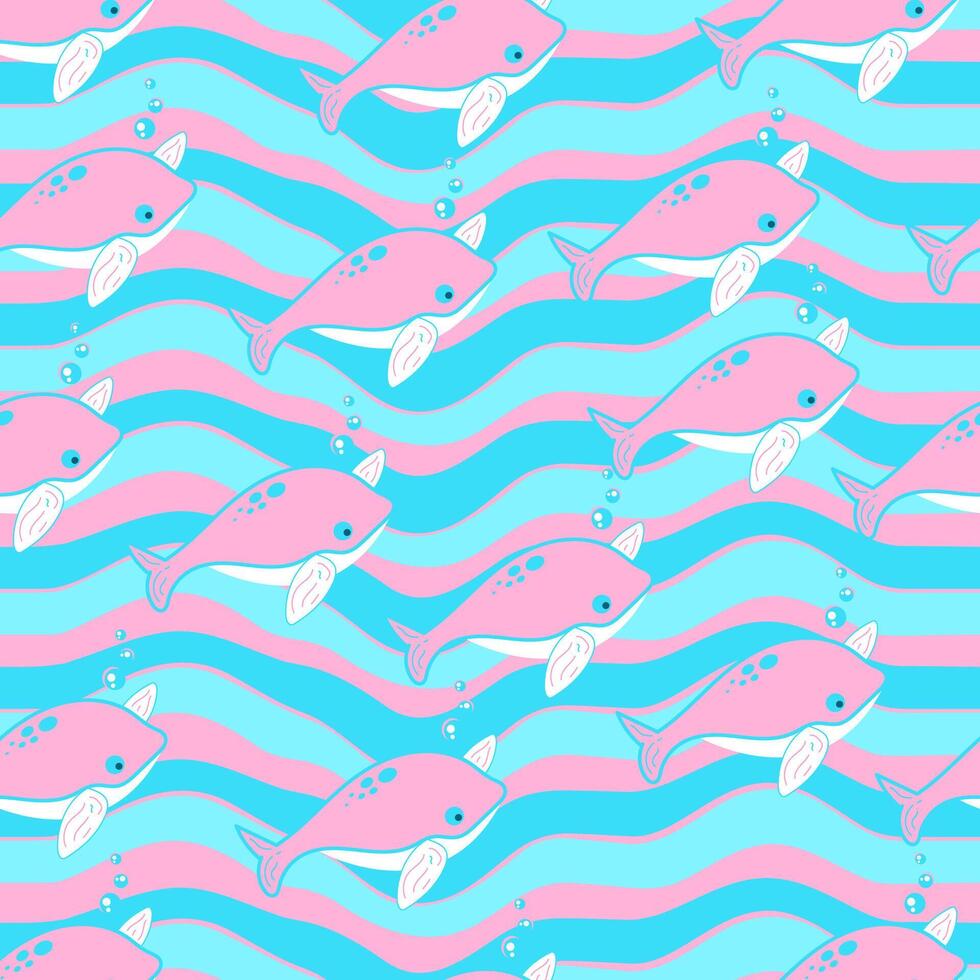 Seamless pattern with cute whale and sea animals. vector