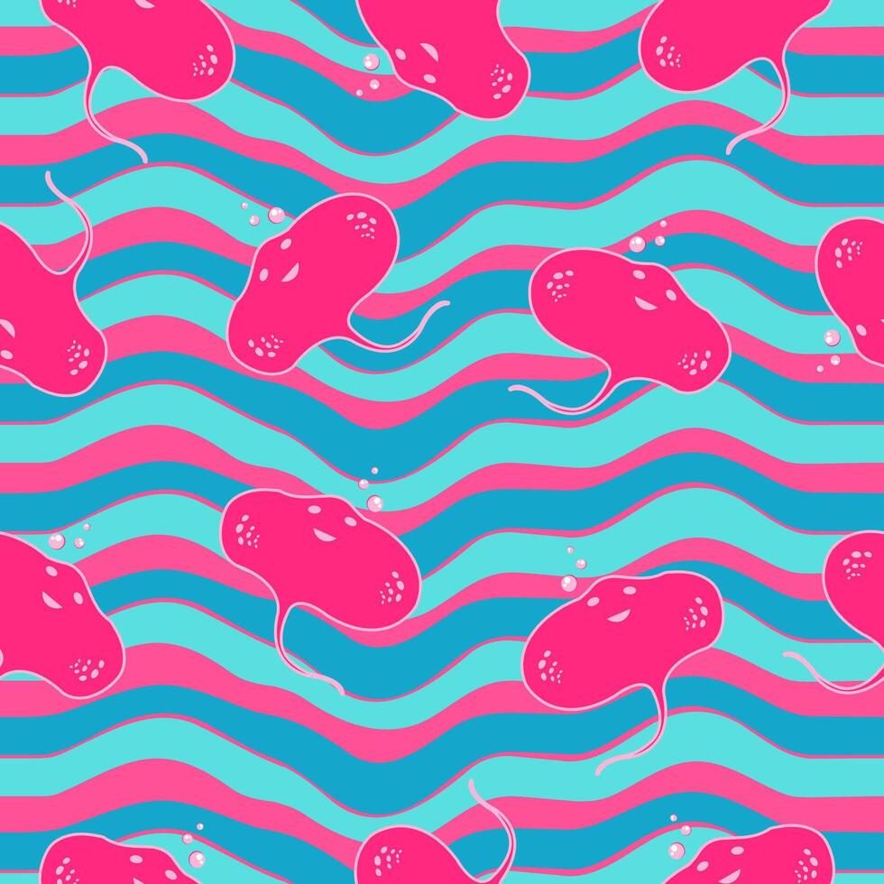 Seamless pattern with stingray and sea animals. vector