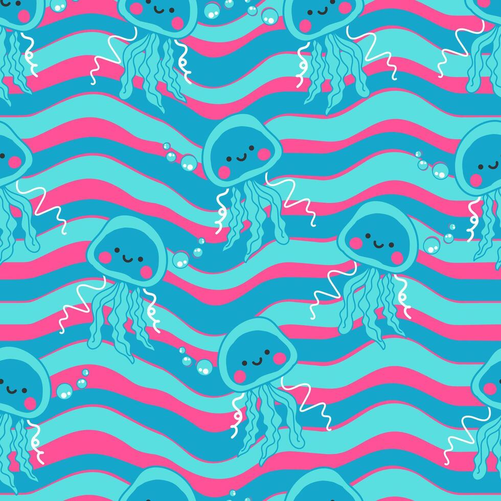 Seamless pattern with jellyfish and sea animals. vector
