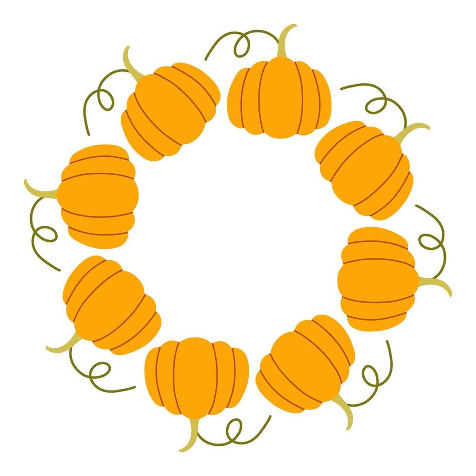 Yellow simple pumpkin circle frame. Round border made of fall pumpkins. The pumpkins have different shapes and are arranged in a circle. flat isolated on white background. vector