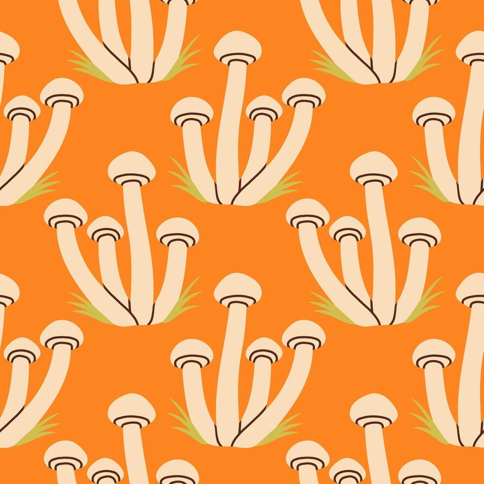 White mushrooms seamless pattern. Autumn isolated mushrooms on orange background. Square repeat pattern flat design for fall season. vector
