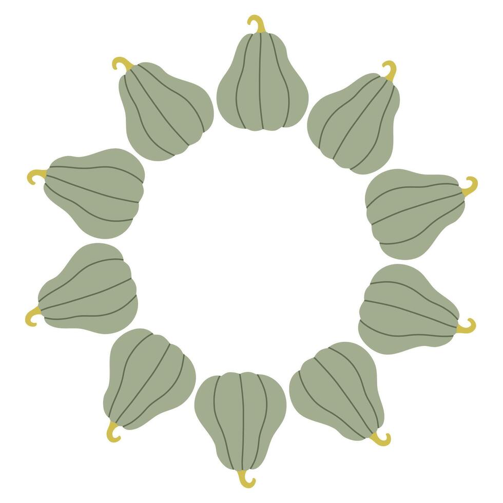 Pumpkin circle frame. Round border made of fall pumpkins. The pumpkins have different shapes and are arranged in a circle. flat isolated on white background. vector