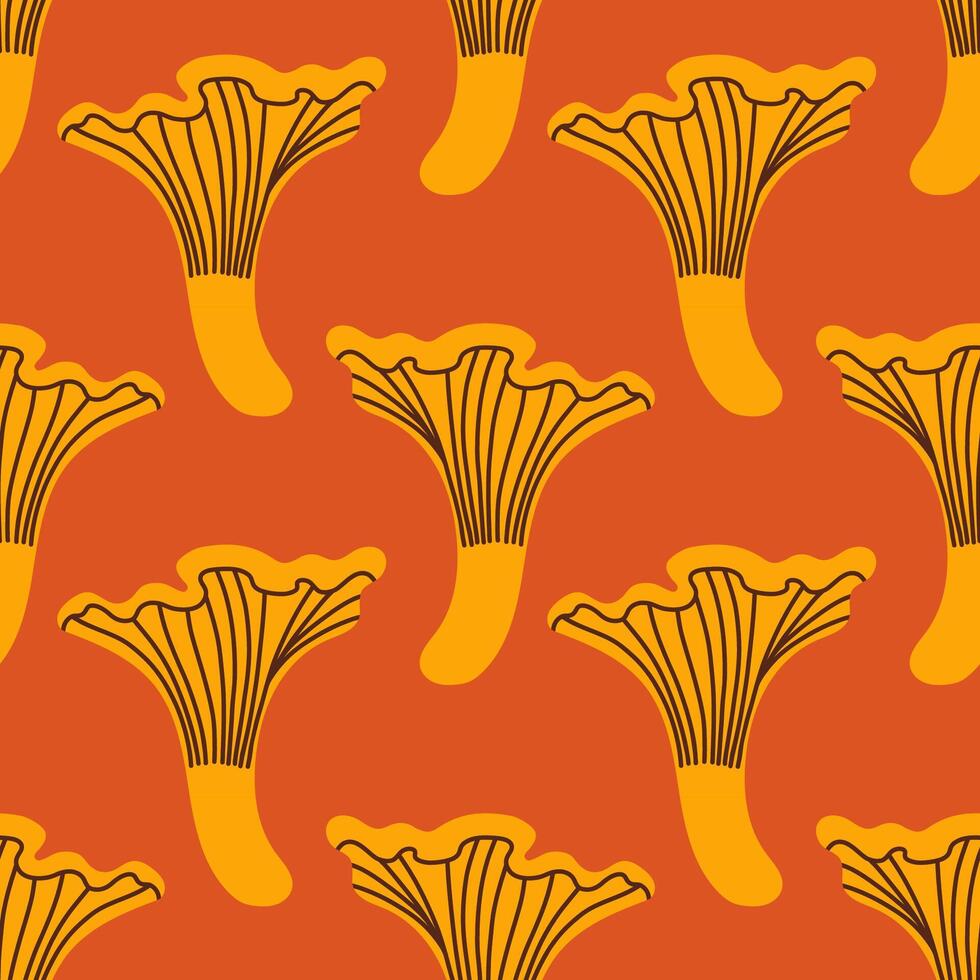 Orange mushrooms seamless pattern. Autumn isolated mushrooms on red background. Square repeat pattern flat design for fall season. vector