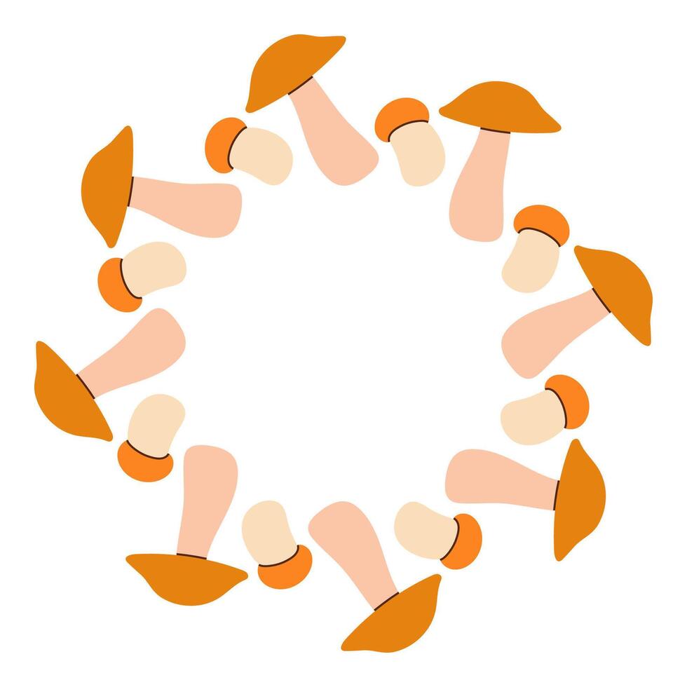 Orange head mushroom circle frame. Round border made of fall mushrooms. The mushrooms have different shapes and are arranged in a circle. flat isolated on white background. vector