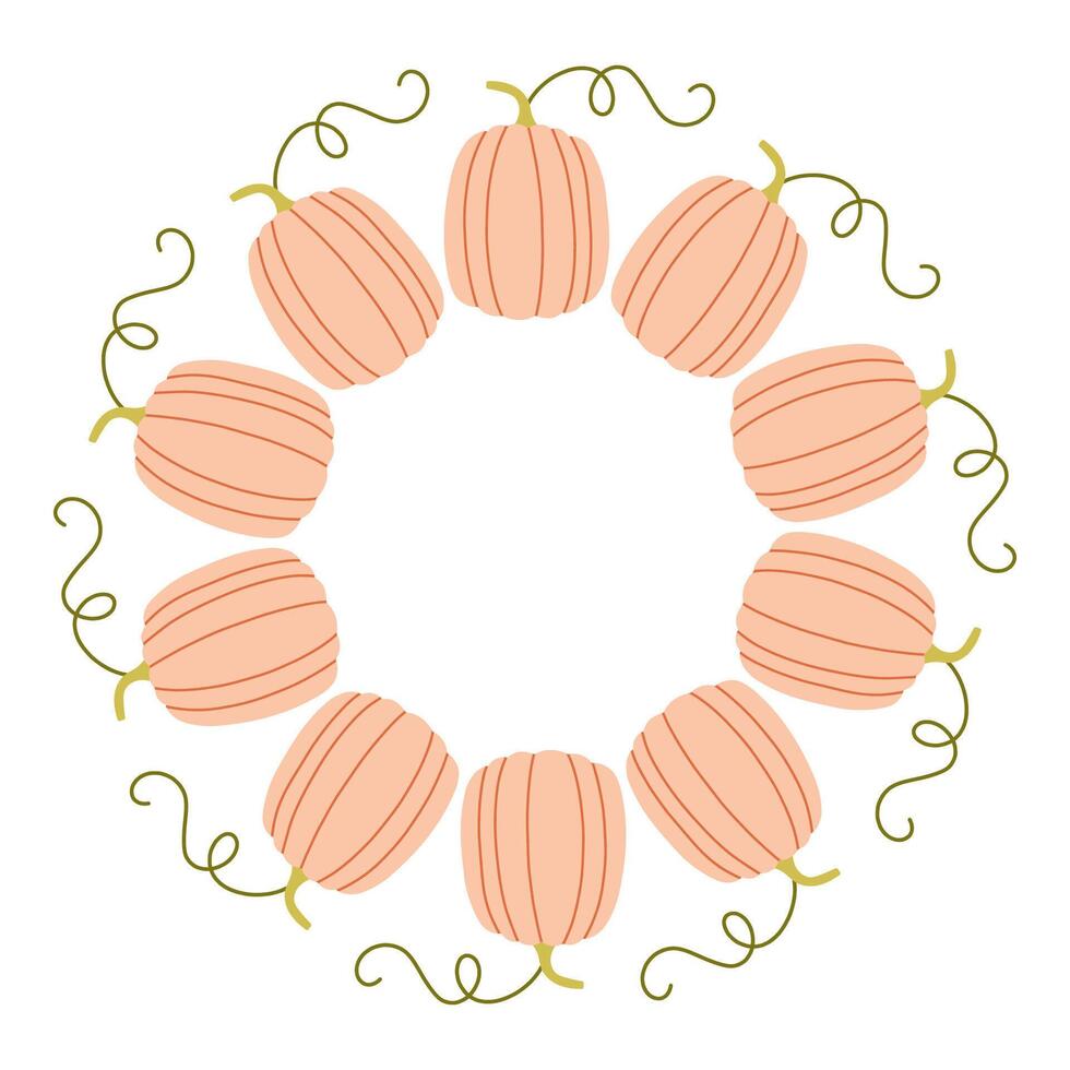 Pink pumpkin circle frame. Round border made of fall pumpkins. The pumpkins have different shapes and are arranged in a circle. flat isolated on white background. vector