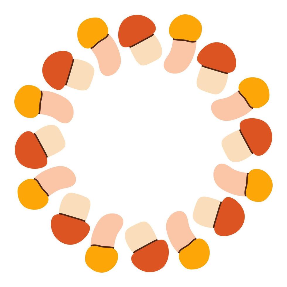 Small mushroom circle frame. Round border made of fall mushrooms. The mushrooms have different shapes and are arranged in a circle. flat isolated on white background. vector