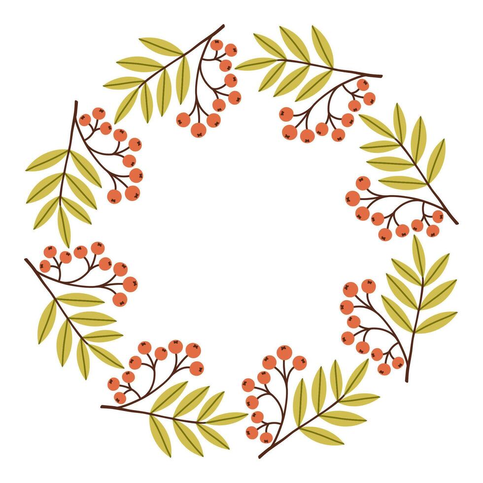 Autumn rowan berry circle frame. Round border made of fall berries. The berries have different shapes and are arranged in a circle. flat isolated on white background. vector