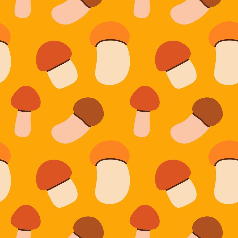 Different mushrooms seamless pattern. Autumn isolated mushrooms on yellow background. Square repeat pattern flat design for fall season. vector