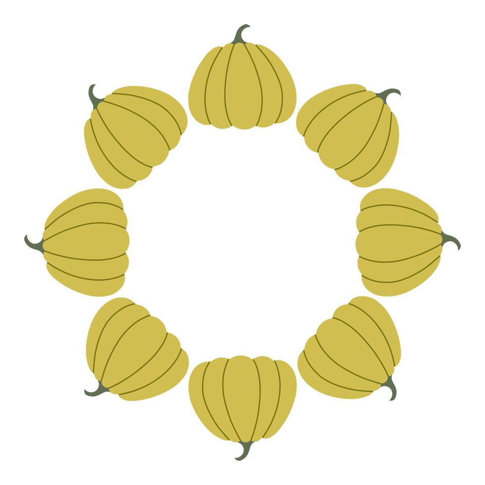 Green pumpkins circle frame. Round border made of fall pumpkins. The pumpkins have different shapes and are arranged in a circle. flat isolated on white background. vector