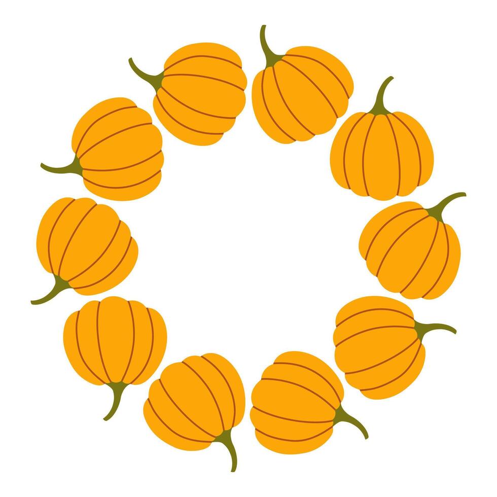 Yellow pumpkin circle frame. Round border made of fall pumpkins. The pumpkins have different shapes and are arranged in a circle. flat isolated on white background. vector