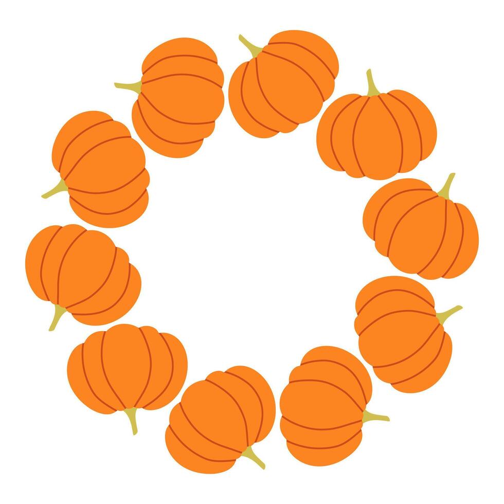 Orange pumpkins circle frame. Round border made of fall pumpkins. The pumpkins have different shapes and are arranged in a circle. flat isolated on white background. vector