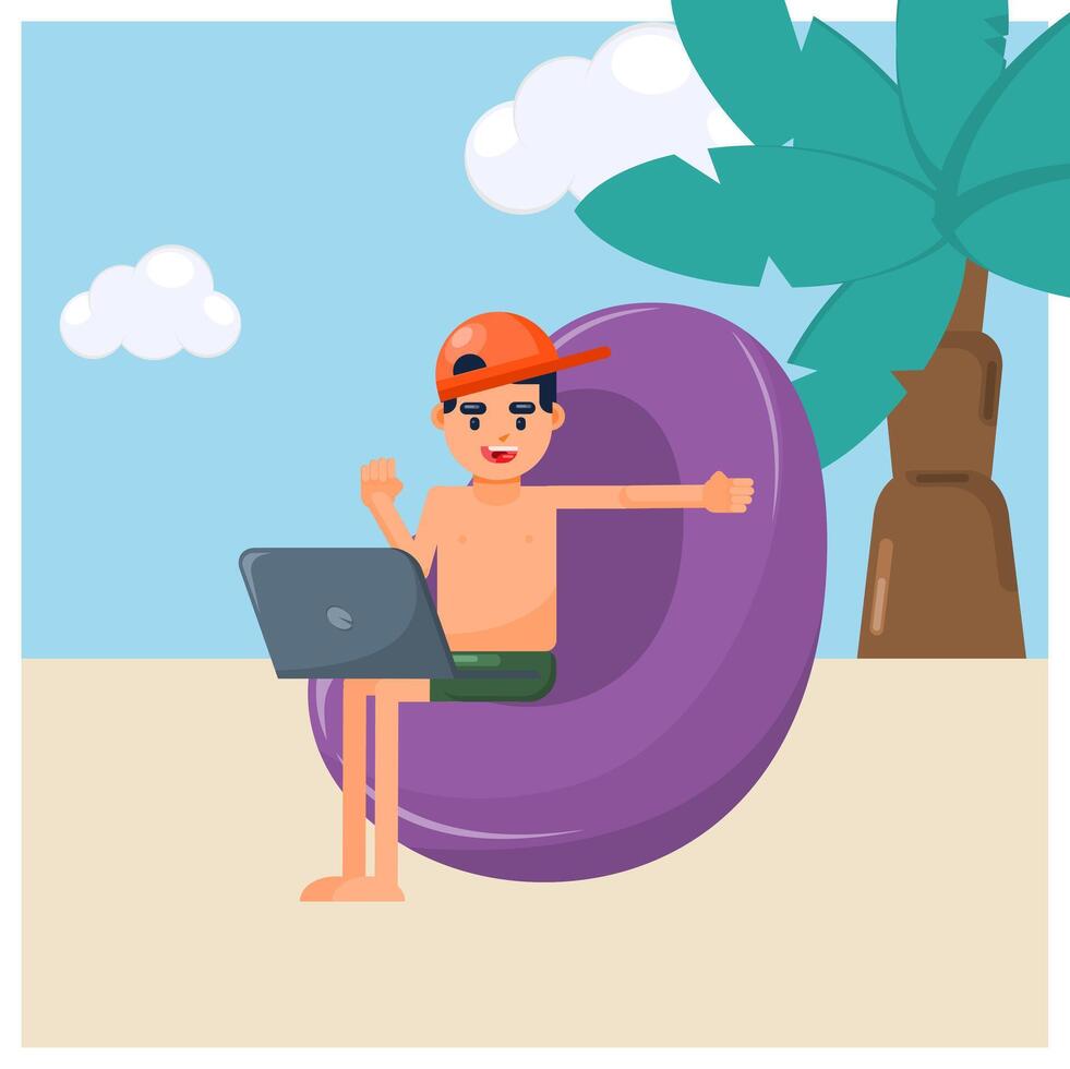Digital nomad man working in the beach vector