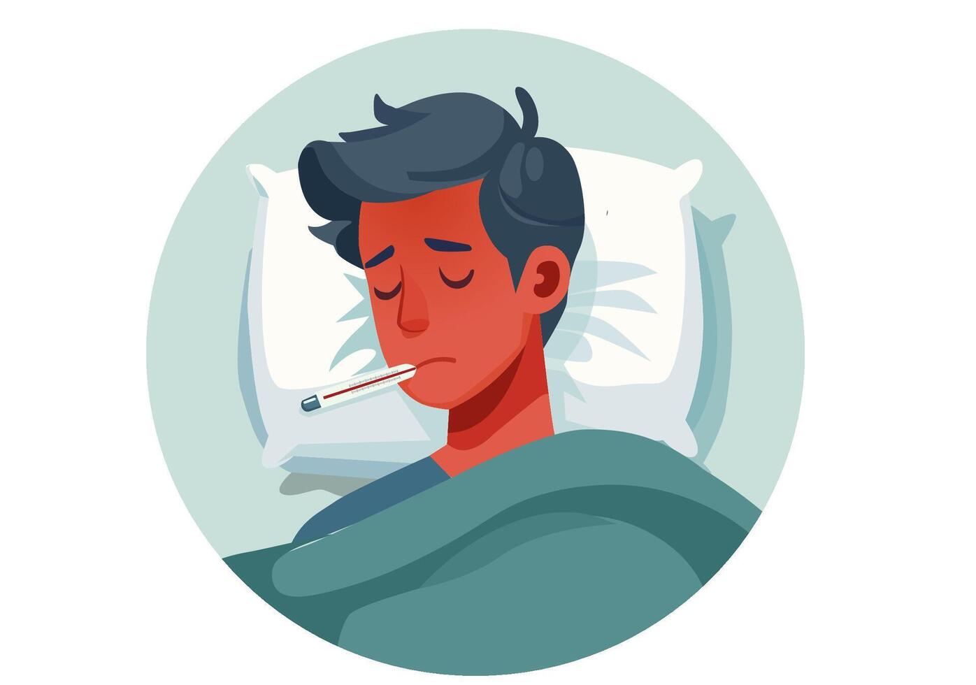 A young man is sick, has a fever, and lies in bed with a thermometer in his mouth. vector