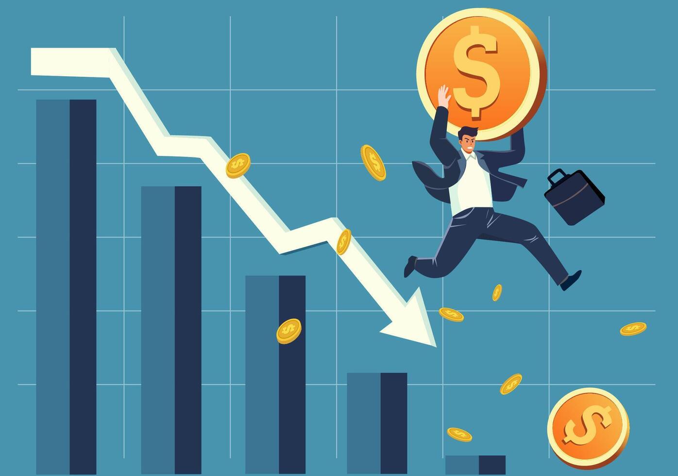Businessman with dollar coins and market trend vector