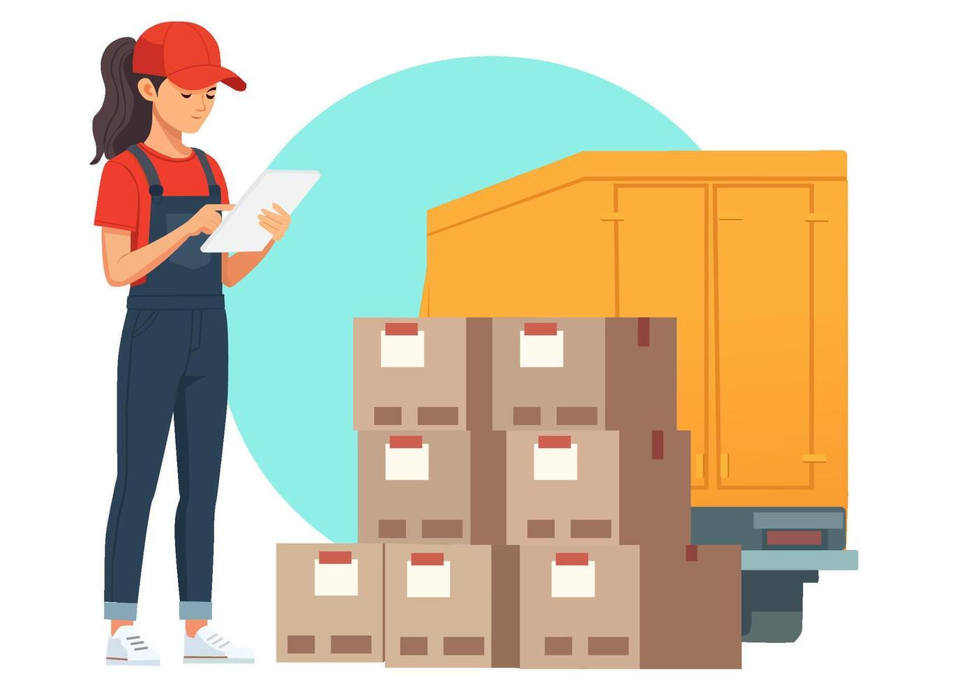 Delivery worker with packages and truck vector