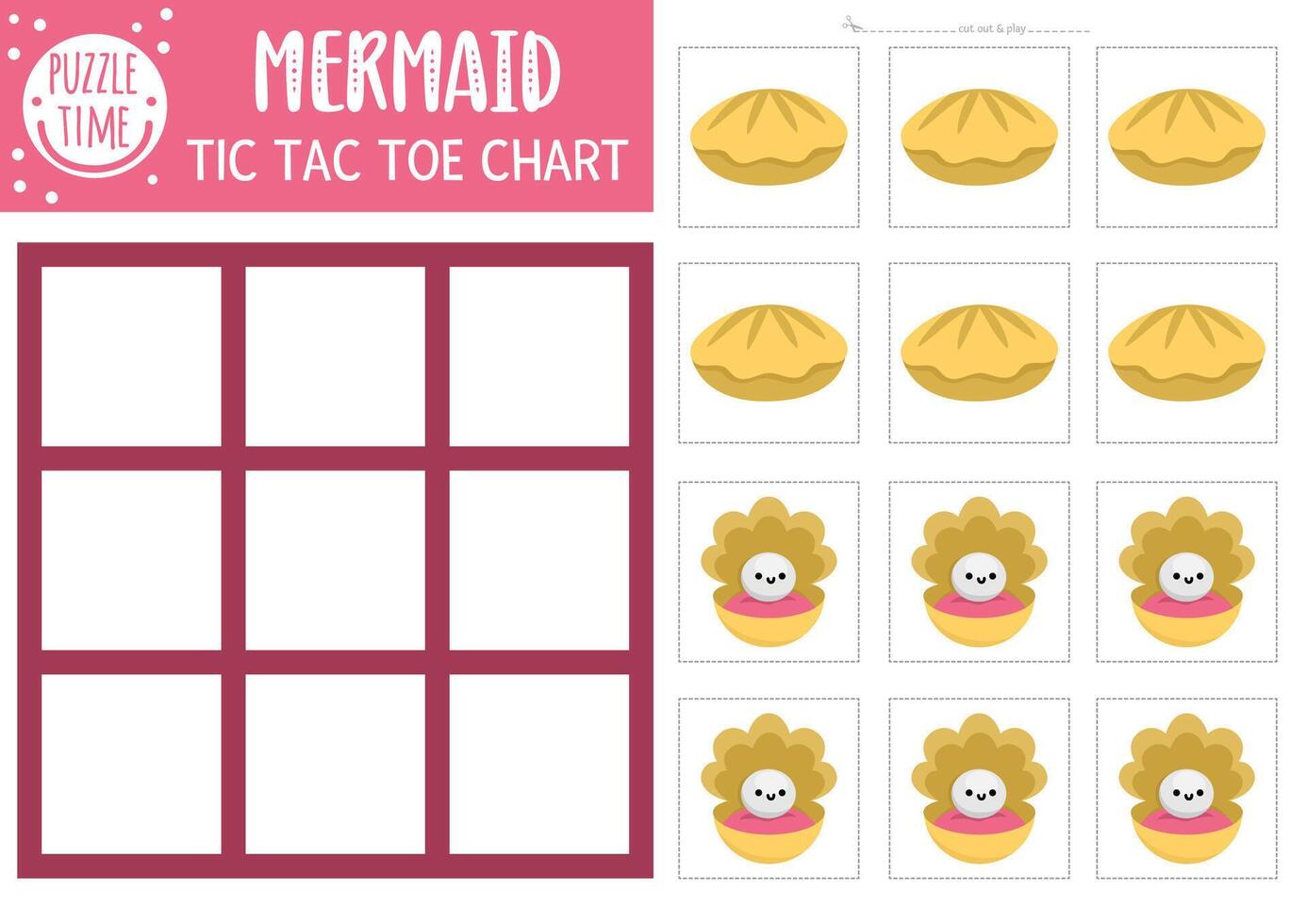 mermaid tic tac toe chart with seashell and pearl. Ocean kingdom board game playing field with cute characters. Funny marine fairytale printable worksheet. Noughts and crosses grid vector