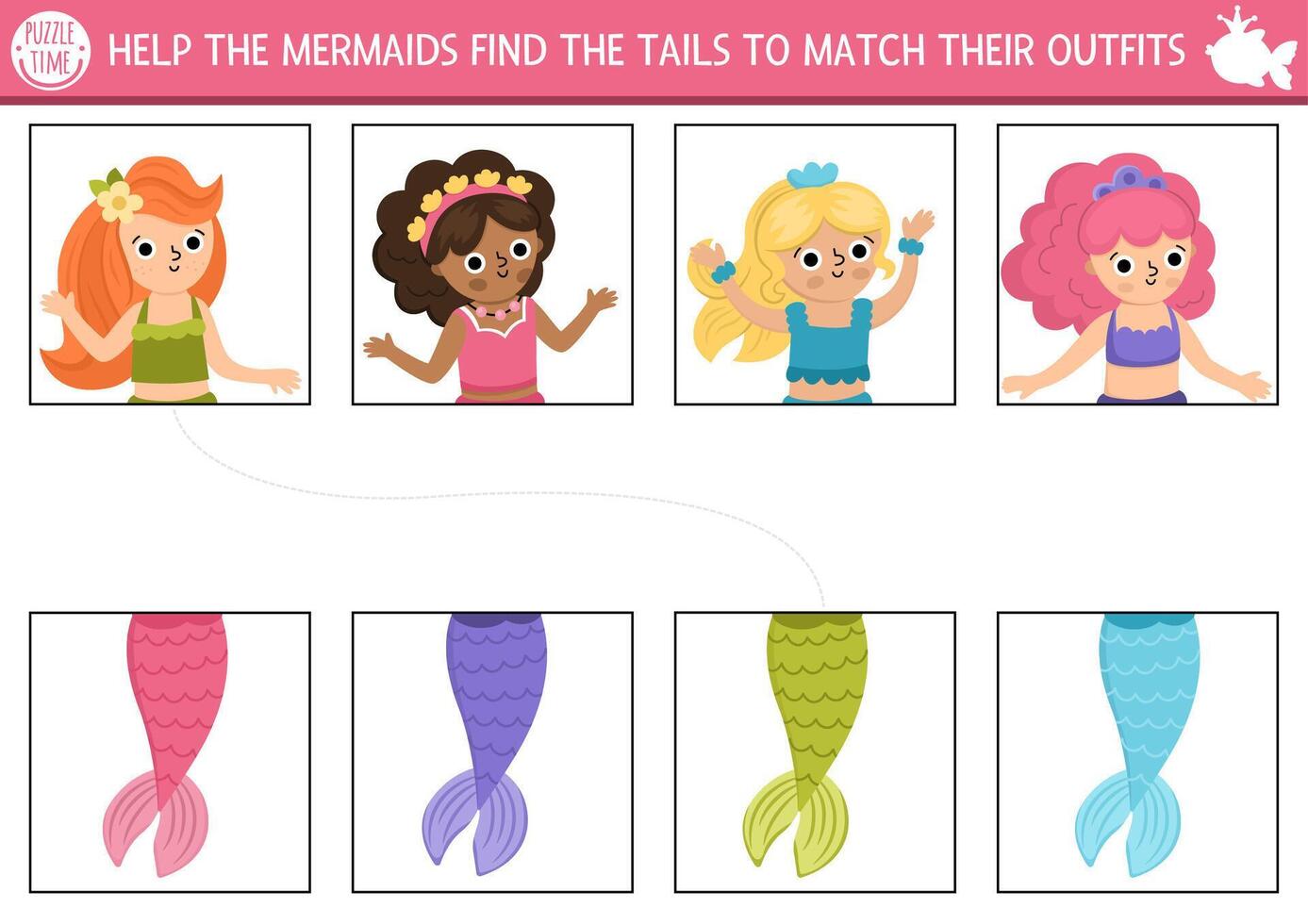 Mermaid matching activity with colored tail. Marine puzzle with sea princess. Match heads and tails game. Ocean kingdom printable worksheet. Fairytale logical match up page vector