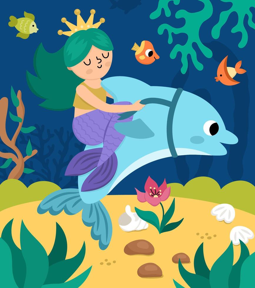 Mermaid on dolphin in underwater scene vector