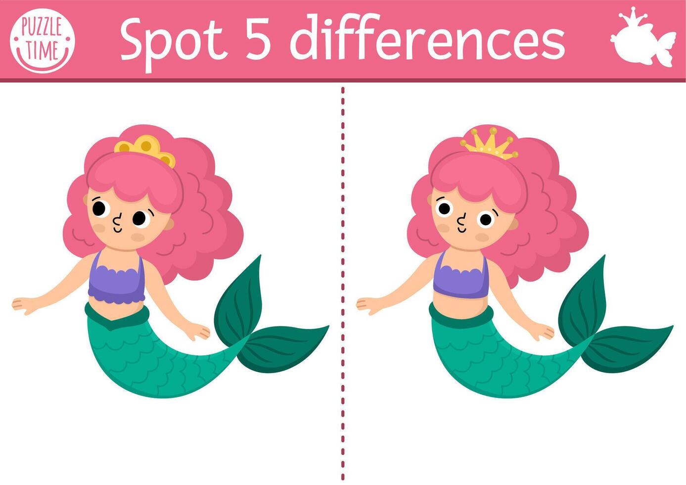 Find differences game for children. Mermaid educational activity with sea princess. Cute puzzle for kid with funny girl with tail. Printable worksheet or page for logic and attention skills vector