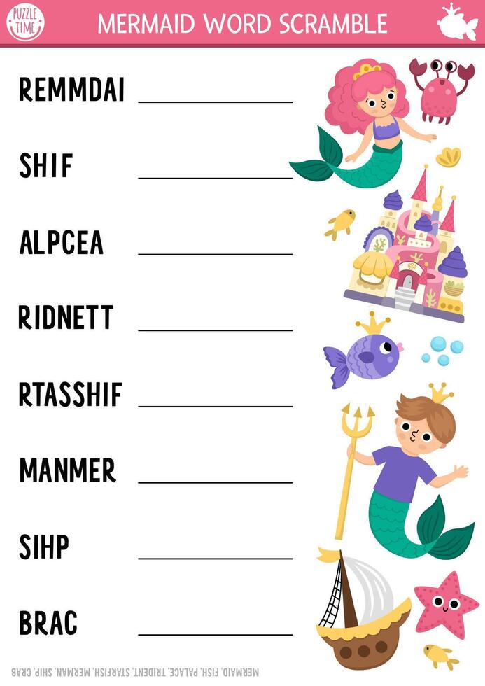 Mermaid word scramble activity for kids vector