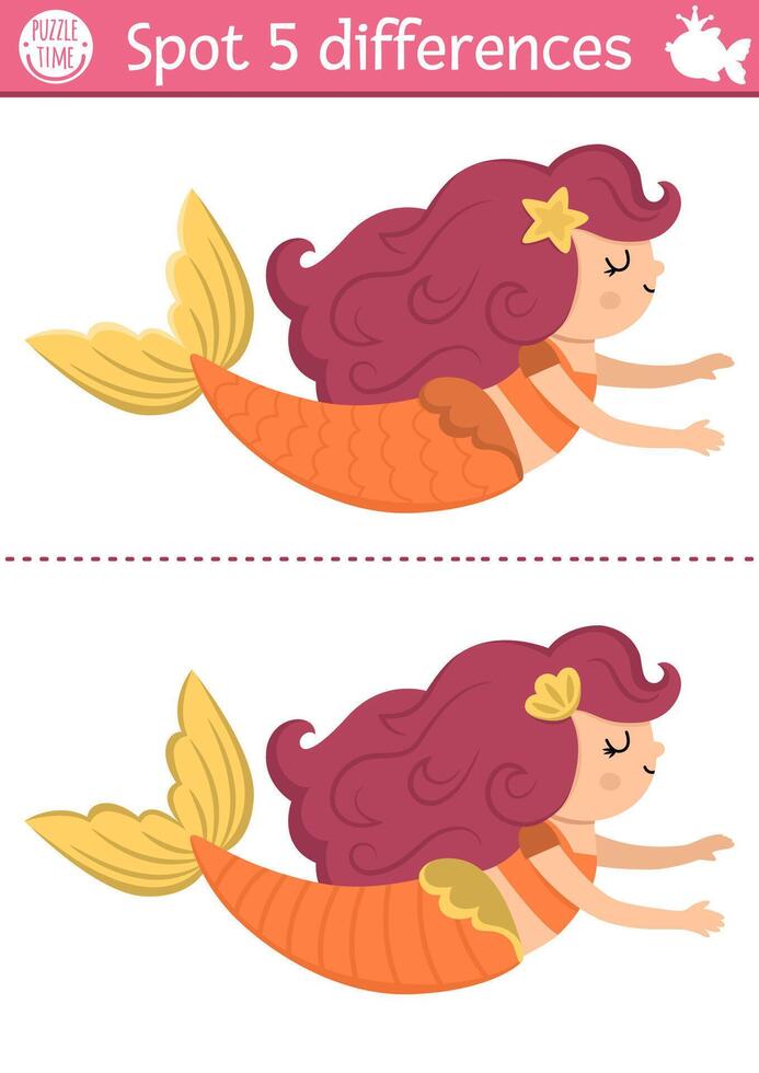 Find differences game for children. Mermaid educational activity with swimming sea princess. Cute puzzle for kids with funny girl with tail. Printable worksheet or page for logic and attention skills vector