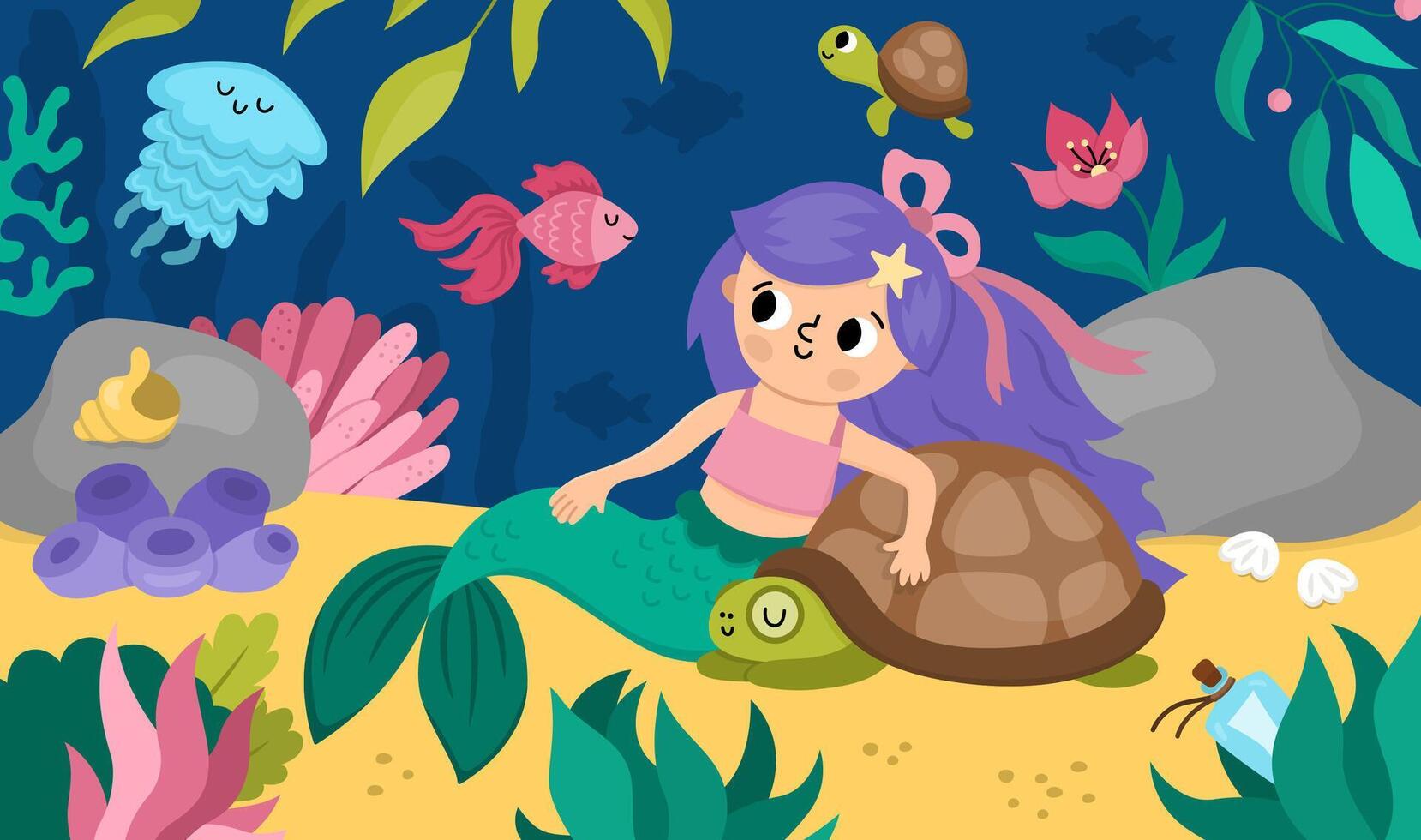 Mermaid and turtle underwater scene vector