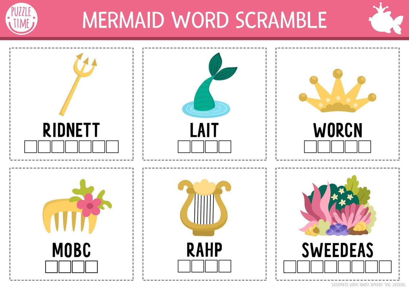 mermaid activity page with word scramble cards. English language game with sea princess tail, trident, harp for kids. Ocean kingdom family quiz. Marine educational printable worksheet vector