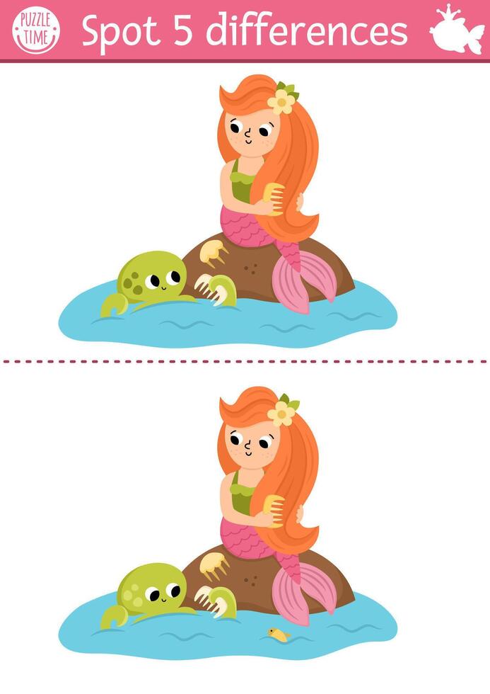 Find differences game for children. Mermaid educational activity with sea princess combing her hair. Cute puzzle for kids with girl, tail. Printable worksheet or page for logic and attention skills vector