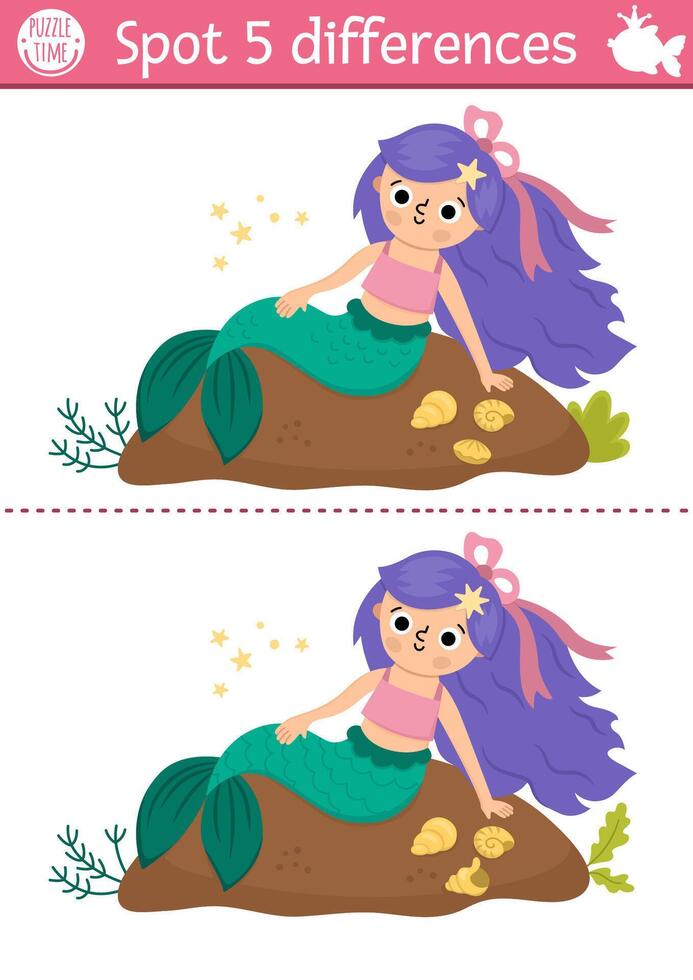 Find differences game for children. Mermaid educational activity with sea princess on the shore with seashells. Cute puzzle for kids with girl tail. Printable worksheet, page for logic, attention vector