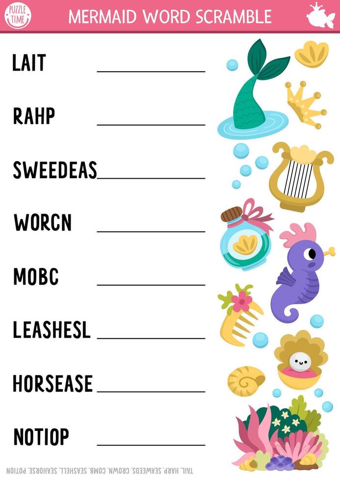 Mermaid word scramble activity for kids vector