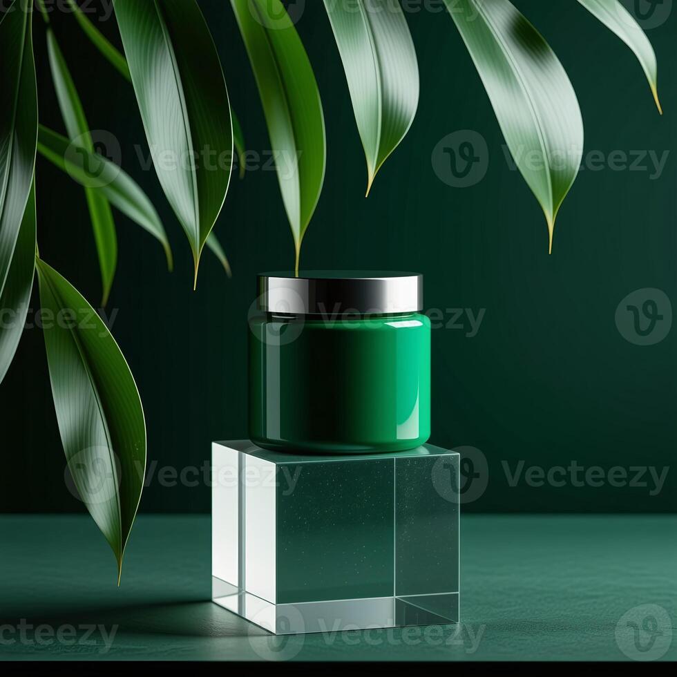 luxury green cosmetic jar on glass pedestal with palm leaves photo