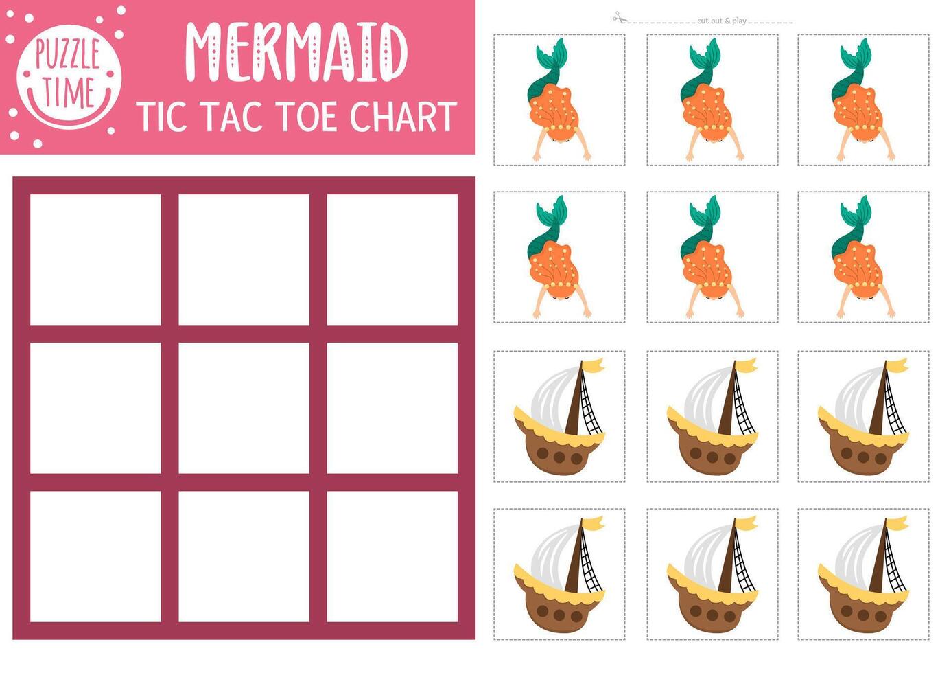 mermaid tic tac toe chart with ship. Ocean kingdom board game playing field with cute characters. Funny marine fairytale printable worksheet. Noughts and crosses grid vector