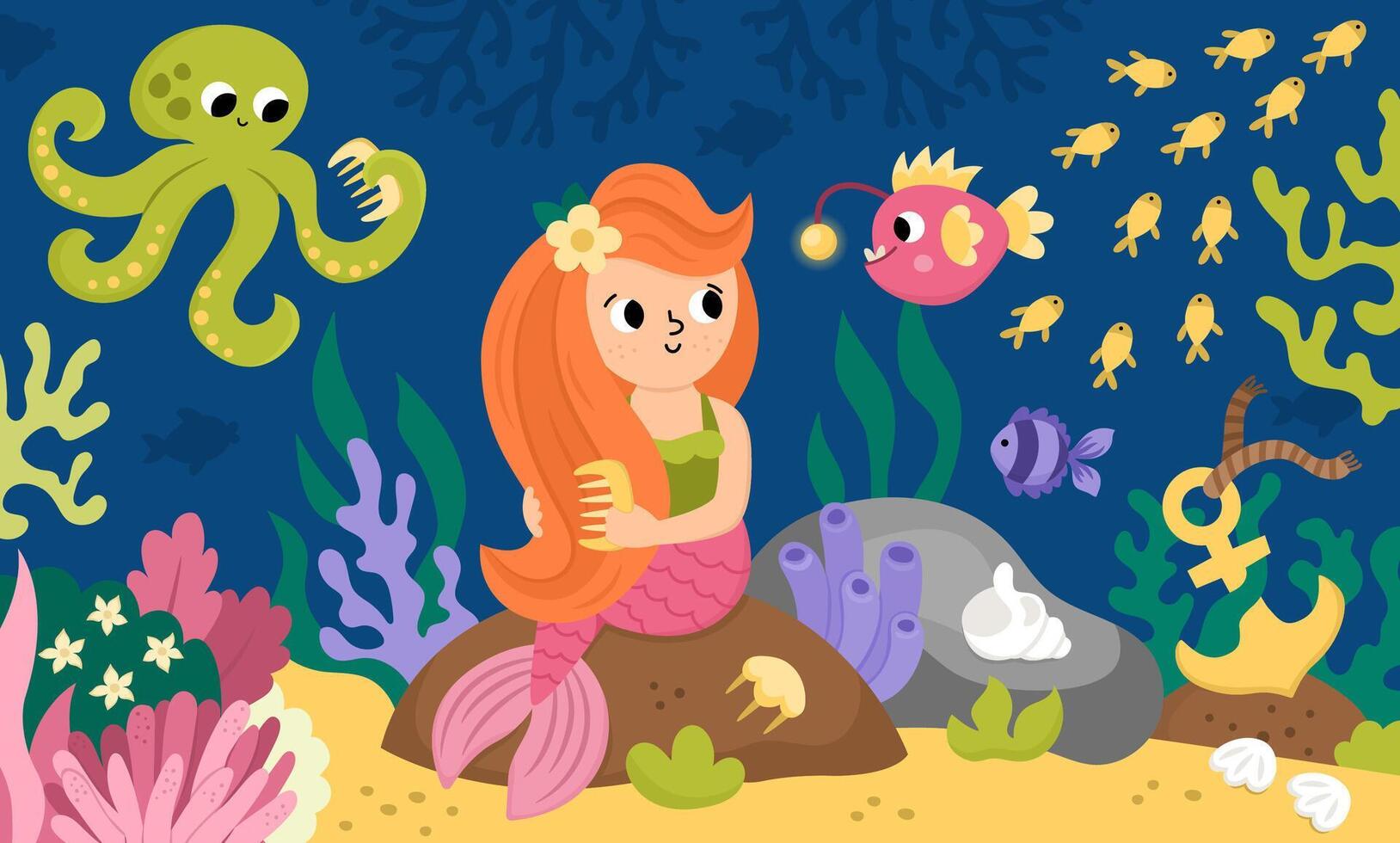 Mermaid with octopus in underwater scene vector