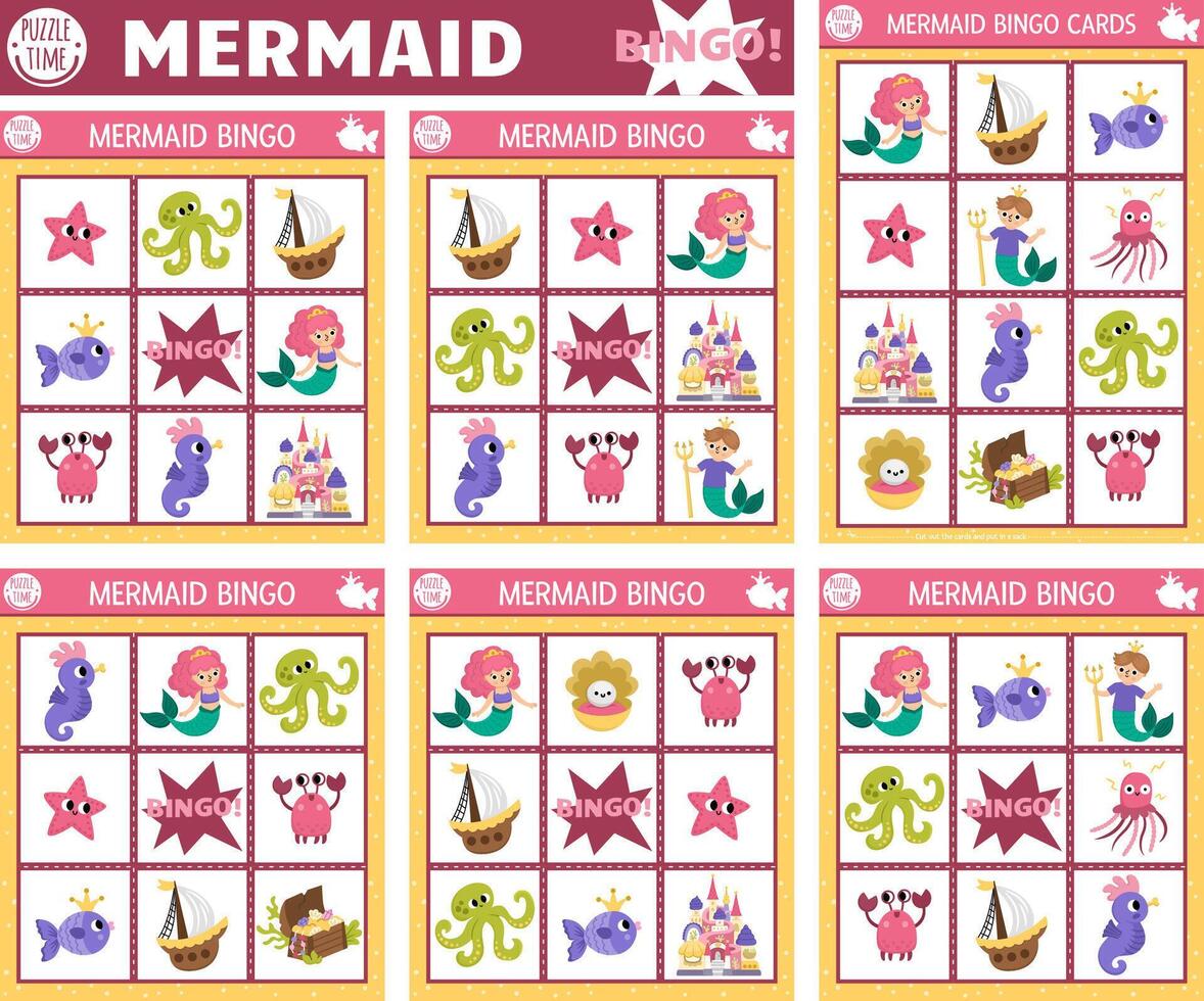 Colorful mermaid bingo game cards vector