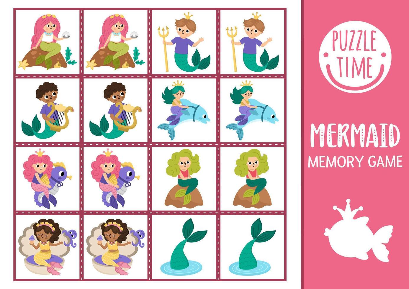 Mermaid memory game for children vector