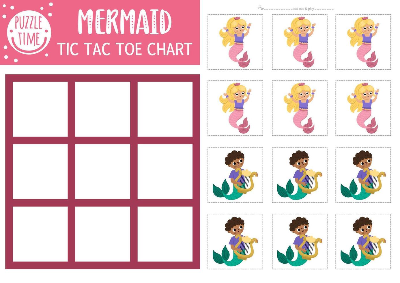 Mermaid tic tac toe game for kids vector