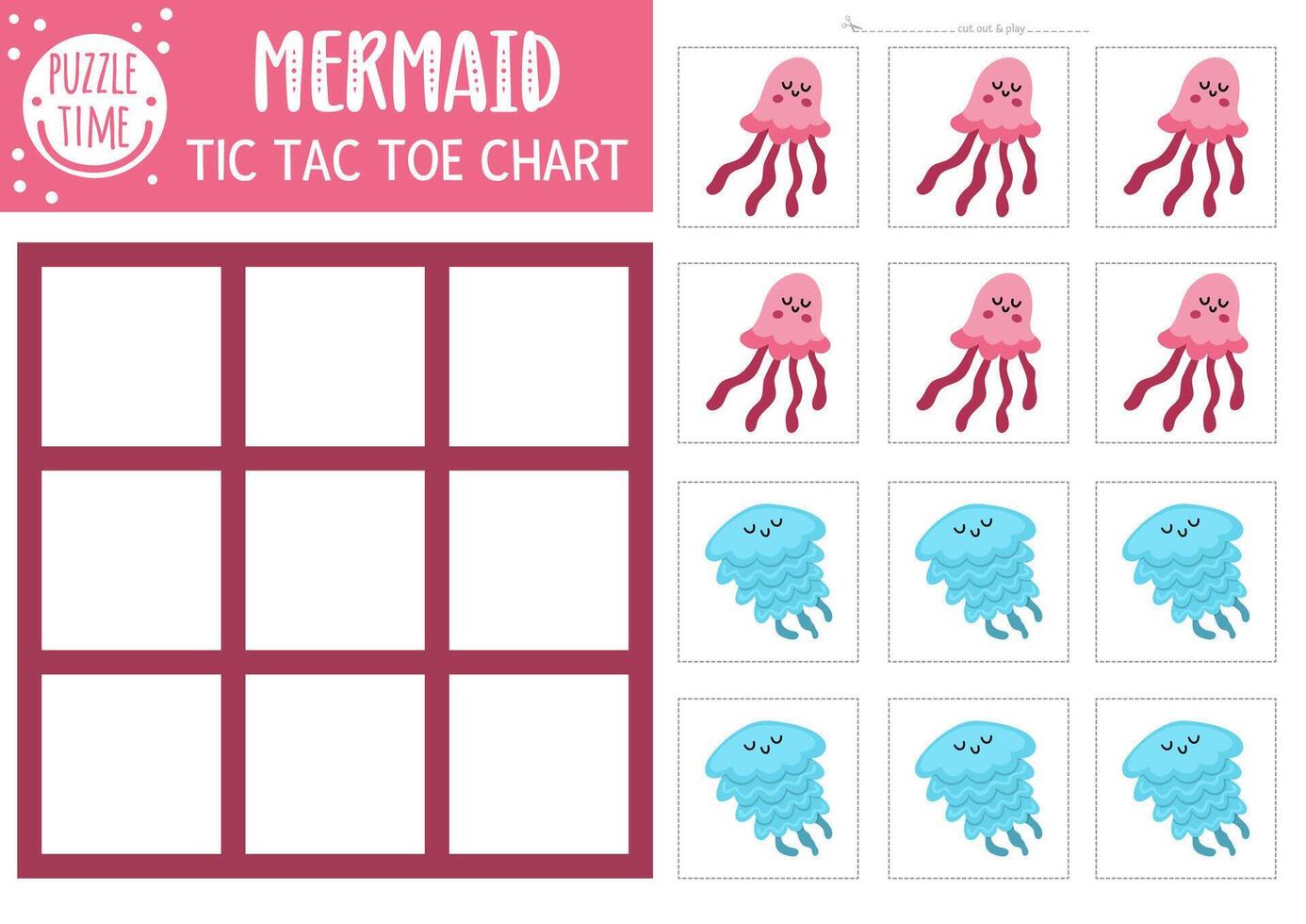 mermaid tic tac toe chart with jellyfish. Ocean kingdom board game playing field with cute characters. Funny marine fairytale printable worksheet. Noughts and crosses grid vector