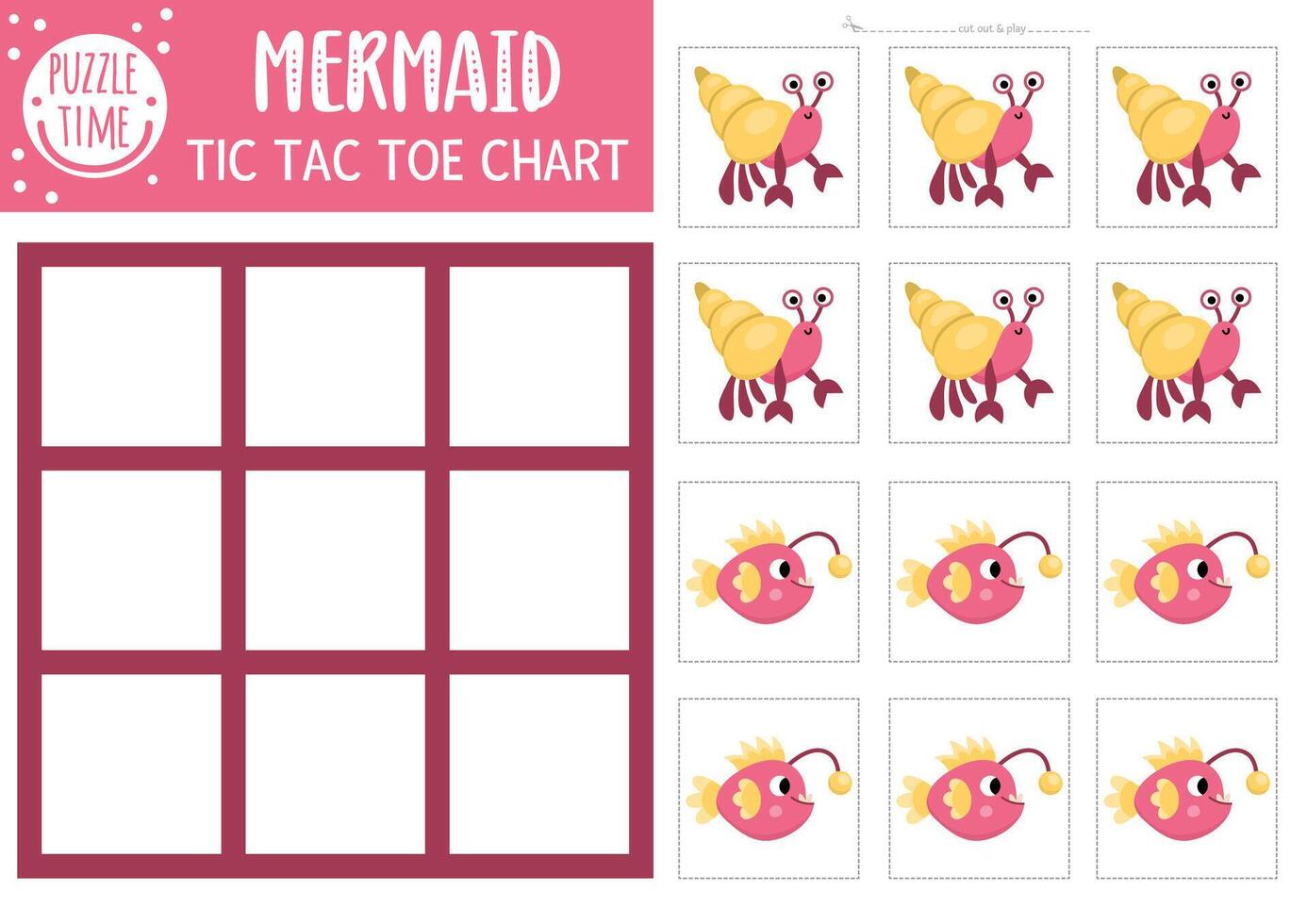 mermaid tic tac toe chart with hermit crab and angler fish. Ocean kingdom board game playing field with cute characters. Funny marine fairytale printable worksheet. Noughts and crosses grid vector