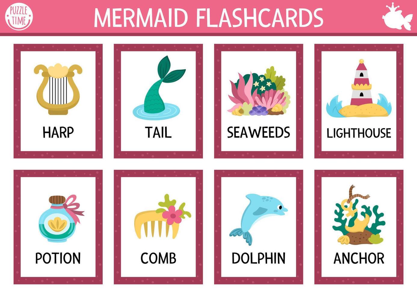 Mermaid flashcards with various sea objects vector