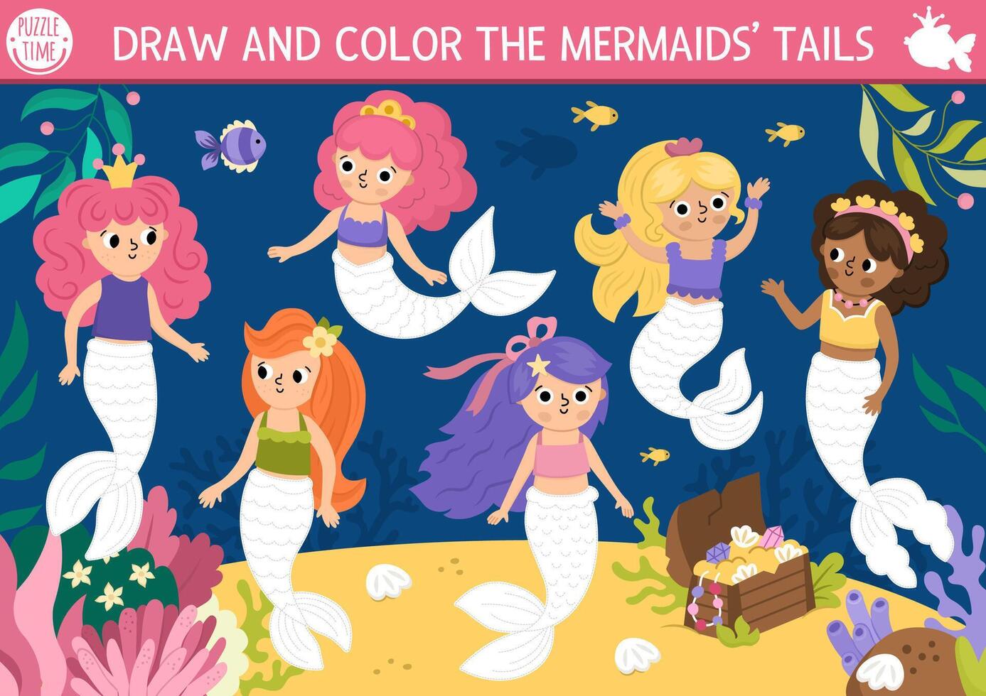 Mermaid coloring activity for kids vector