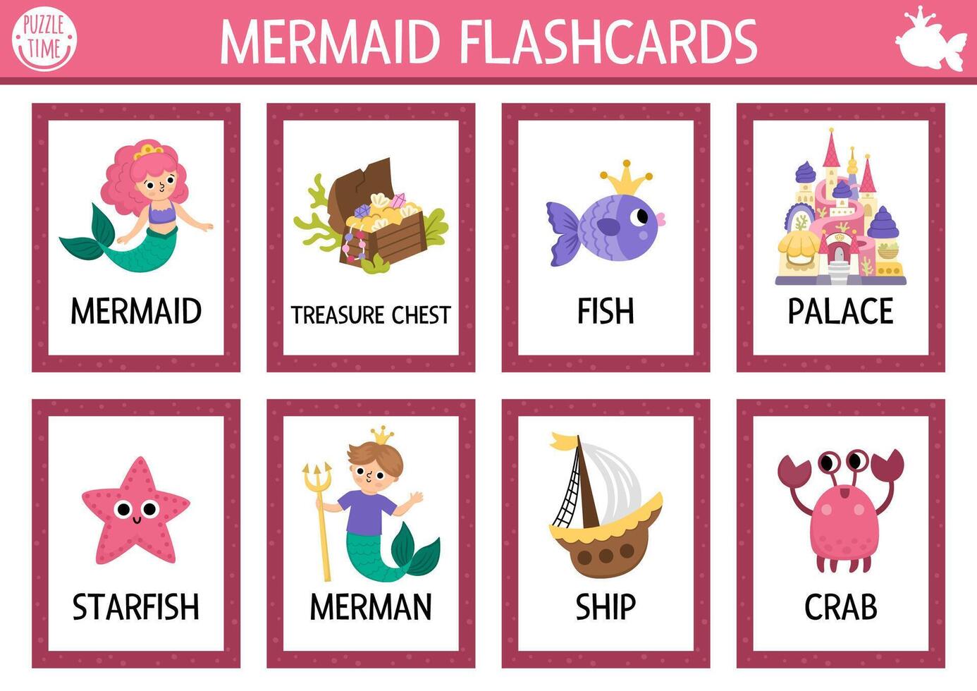 Colorful mermaid-themed flashcards for kids vector