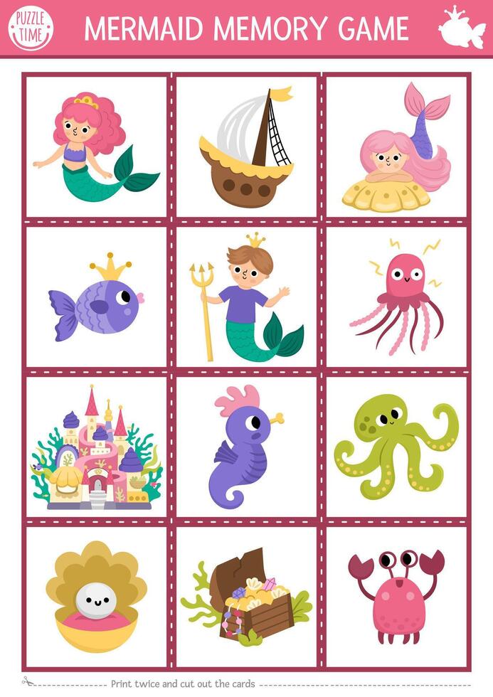 Mermaid memory game for children vector