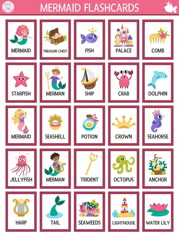 Mermaid-themed learning flashcards for kids vector