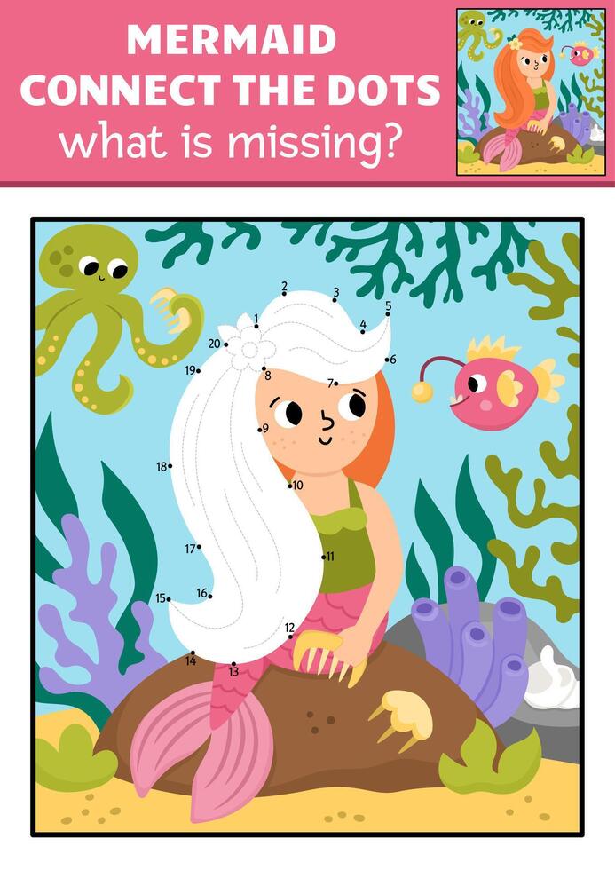 Mermaid connect the dots activity for kids vector