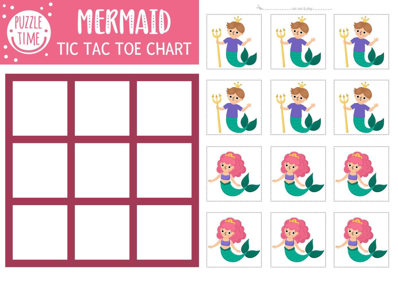 Mermaid tic tac toe game for kids vector