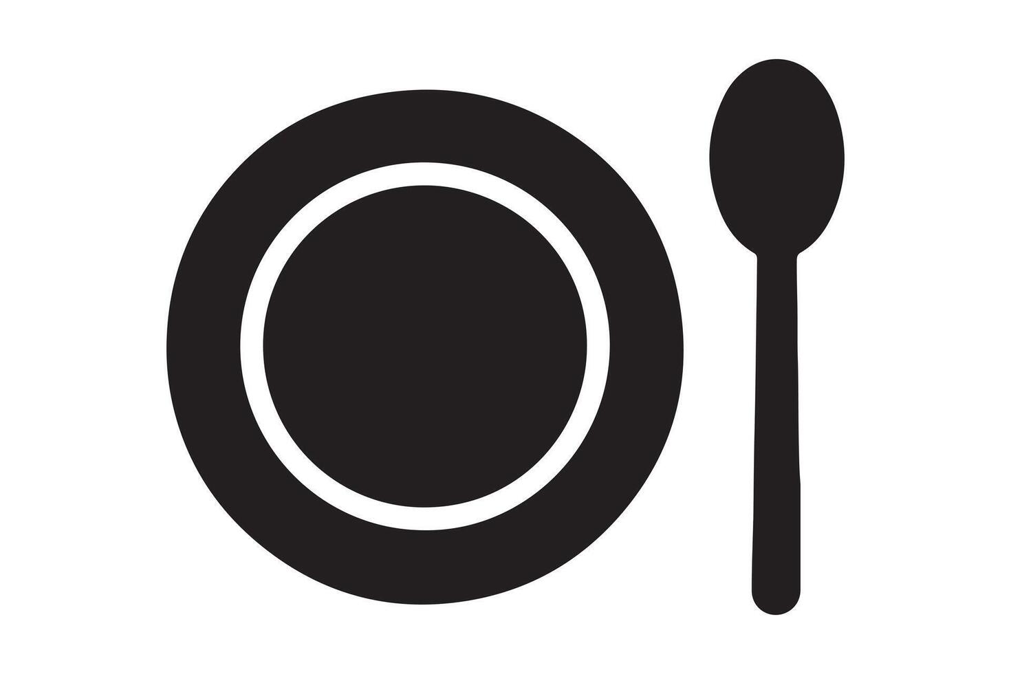 Plate and spoon isolated on white background, simple black and white graphic vector